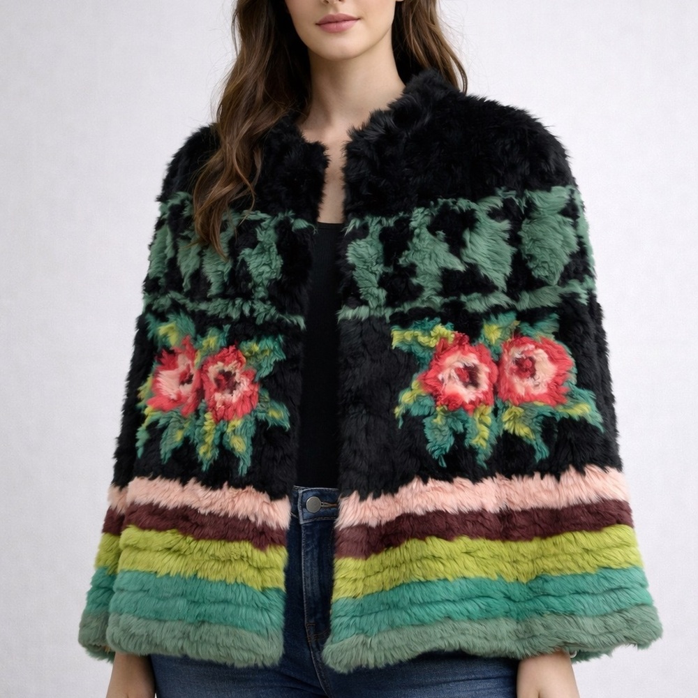 MANOUSH Floral Rabbit Fur Jacket – Size FR 36 (US 4)